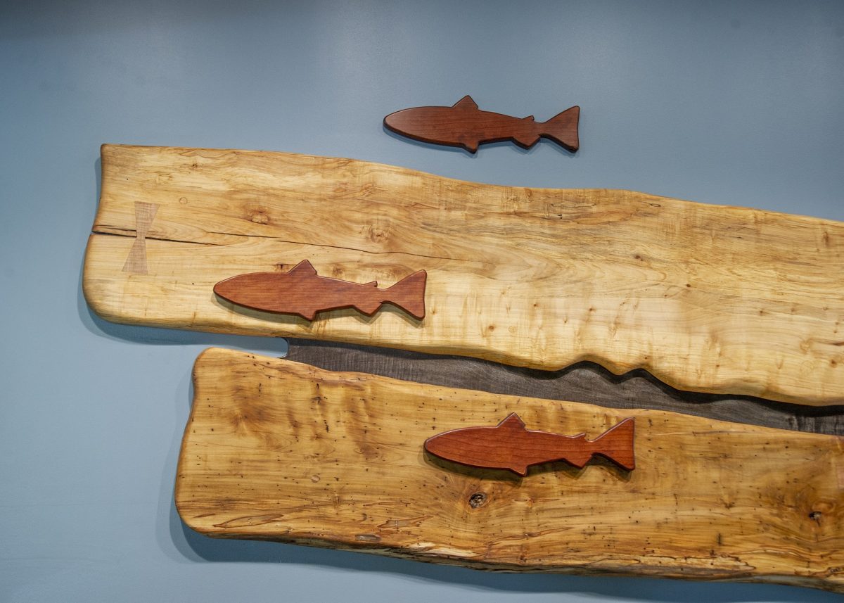 Wood Mural Swimming Trout Feature